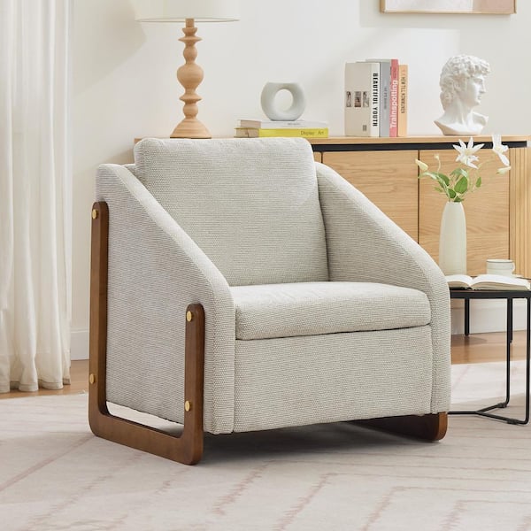 JUJABU Beige Chenille Fabric Upholstered Armchair with Wooden Side Frame Cushioned Seat and Backrest