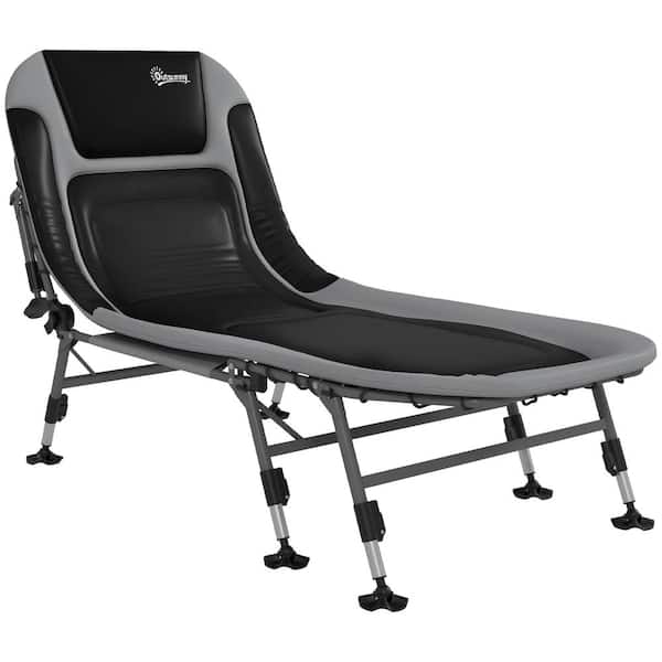 Otryad Gray Metal Outdoor Chaise Lounge, Camping Folding Bed with Soft Padded Cushions and Headrest, 180° Adjustable Reclining