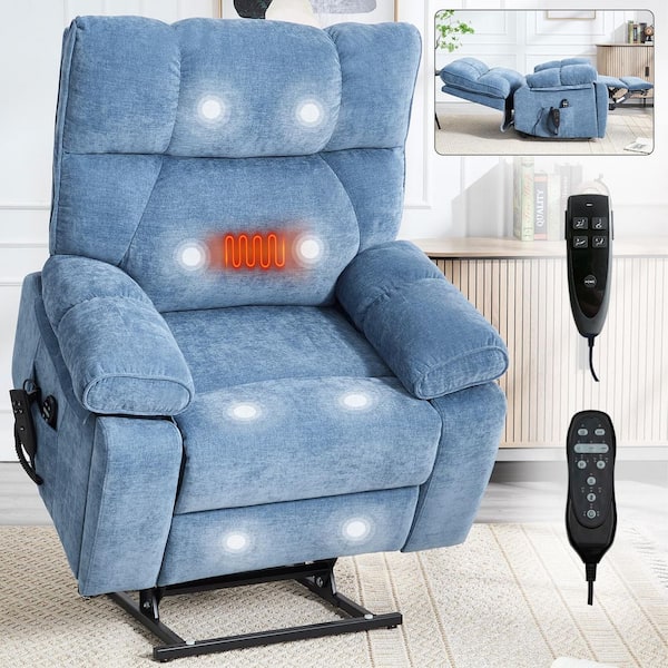 Blue Chenille Polyester Heat Electric Power Lift Recliner Massage Chair with Hidden Cup Holders