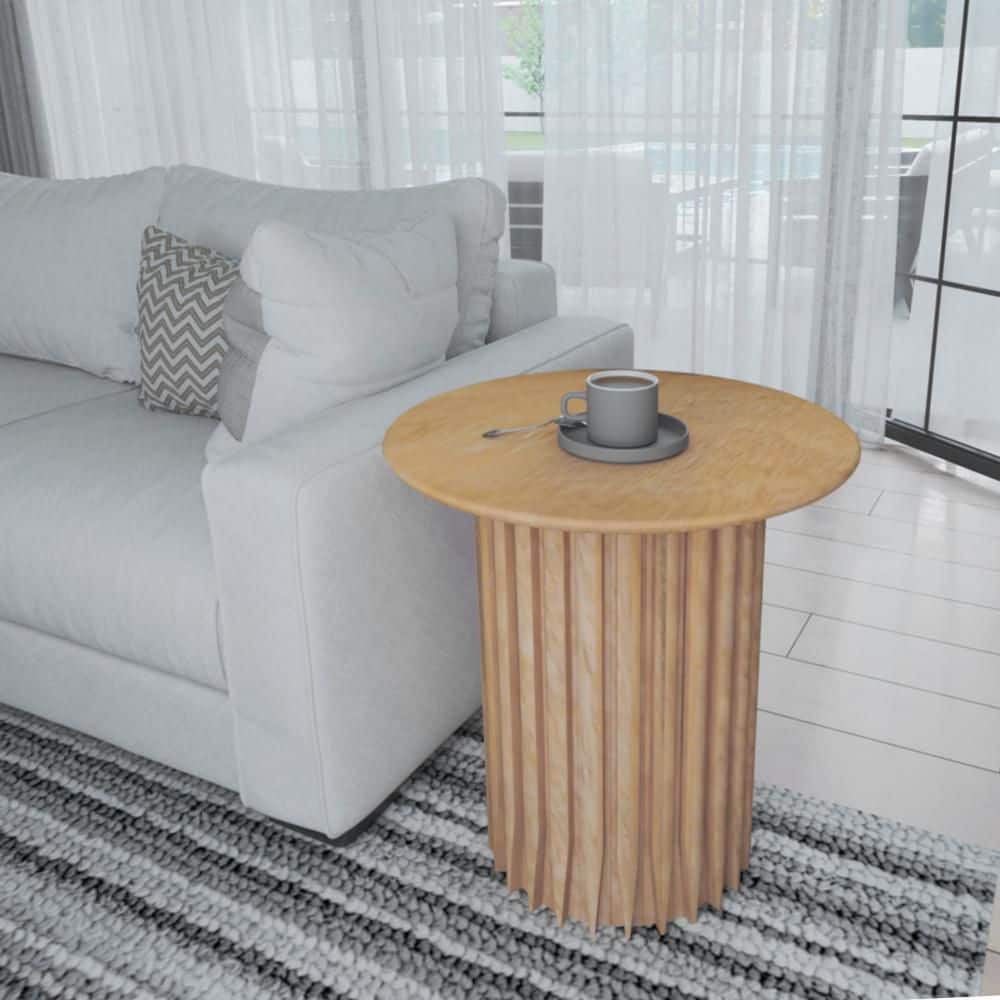 20 in. Brown Round Mango Wood End Table with Fluted Base