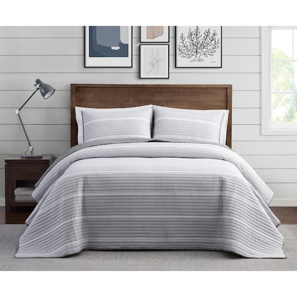 Brooklyn Loom Niari Yarn Dye 3-Piece Grey Stripe Cotton Full/Queen Quilt Set