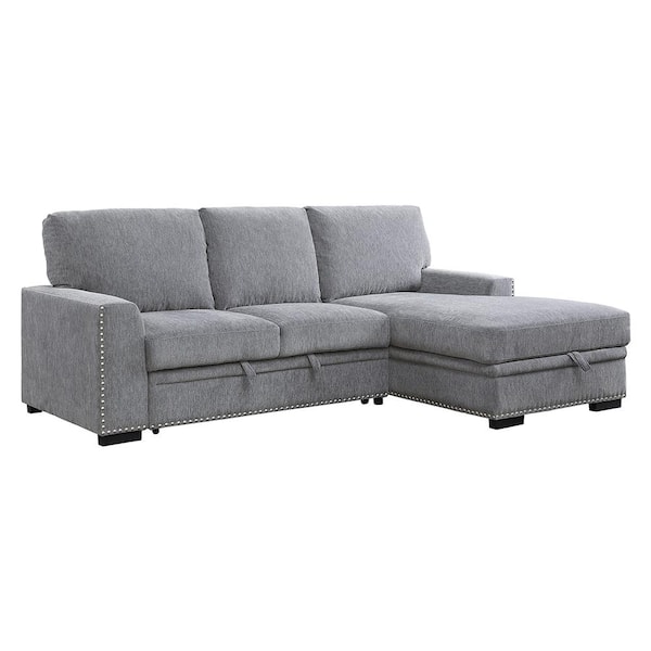 Lazzara Driggs 96 in. Straight Arm 2-piece Chenille Sectional Sofa in Gray with Pull-out Bed and Right Chaise