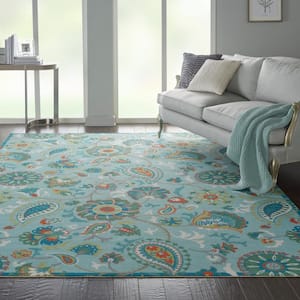 Sun N Shade Light Blue 8 ft. x 11 ft. Floral Geometric Traditional Indoor/Outdoor Area Rug