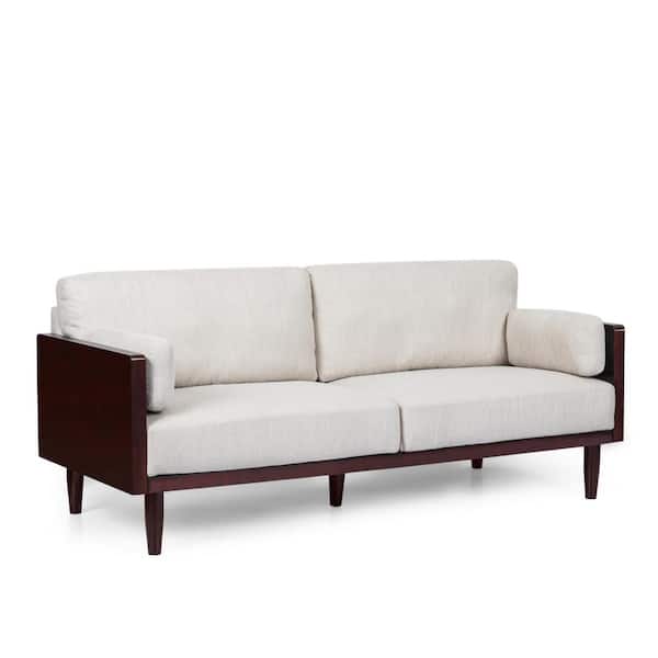 Noble House Forgey 77.25 in. Width Beige and Dark Walnut Polyester 3-Seats Sofa with Pillows