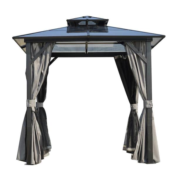 8 ft. x 8 ft. Hardtop Outdoor Gazebo, Polycarbonate Double Roof BBQ Gazebo with Aluminum Frame, Storage Hooks, Curtains