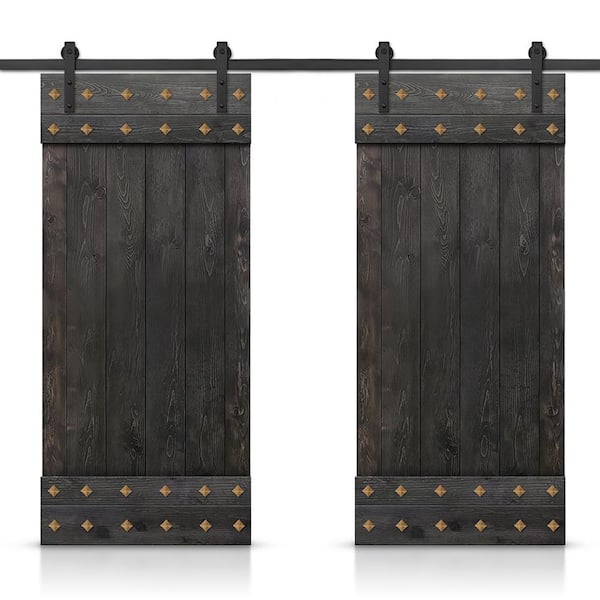 CALHOME 88 in. x 84 in. Charcoal Black Stained DIY Pine Wood Interior Double Sliding Barn Door with Hardware Kit and Clavos