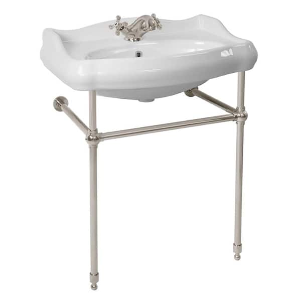 Nameeks 1837 Ceramic Console Bathroom Sink in White with Satin Nickel Stand