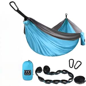 10.4 ft. 2-Person Portable Camping Hammock in Sky Blue and Gray with Carabiners, Tree Straps and Storage Bag