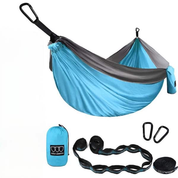Angel Sar 10.4 ft. 2-Person Portable Camping Hammock in Sky Blue and Gray with Carabiners, Tree Straps and Storage Bag