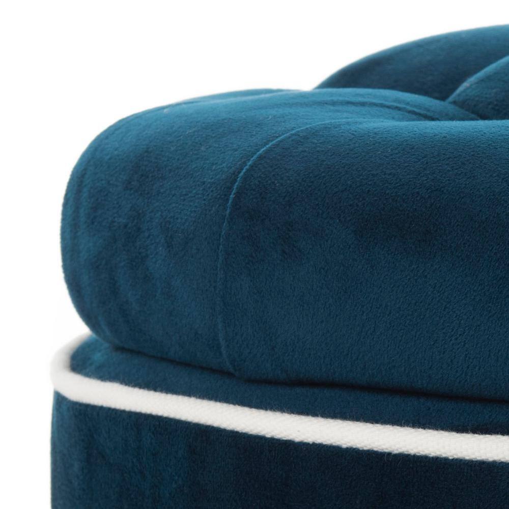 Transitional Black Tufted Round Storage Ottoman with Oak Legs