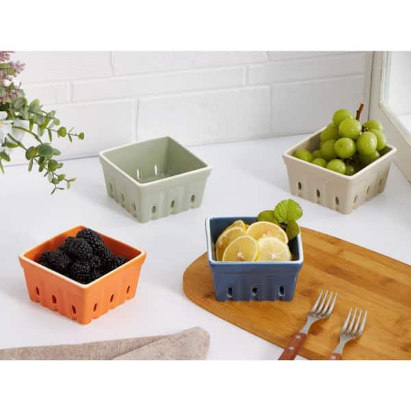 4 Piece Rustic Stoneware Assorted Color Fruit Bowls Square Berry Bowls Set Ceramic Berry Basket for Kitchen Organizer