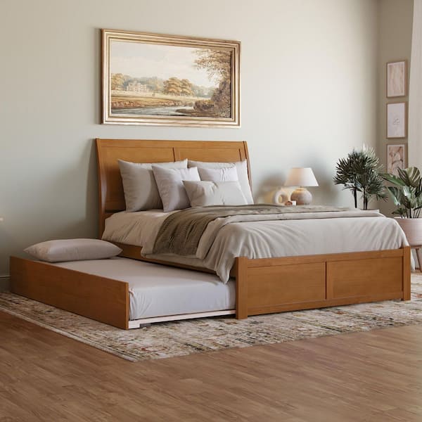 Portland Light Toffee Natural Bronze Solid Wood Frame Queen Platform Bed with Footboard and Twin XL Trundle
