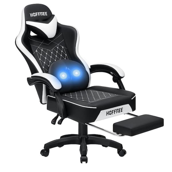 Faux Leather Reclining Ergonomic Gaming Chair in White with Vibration Lumbar Pillow and Footrest