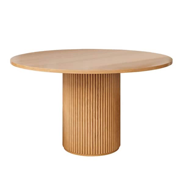 Monland Round Woodgrain Color Composite Rock Stone Top 51.18 in. Woodgrain Color Solid Wood Pedestal Dining Table (4 Seats)