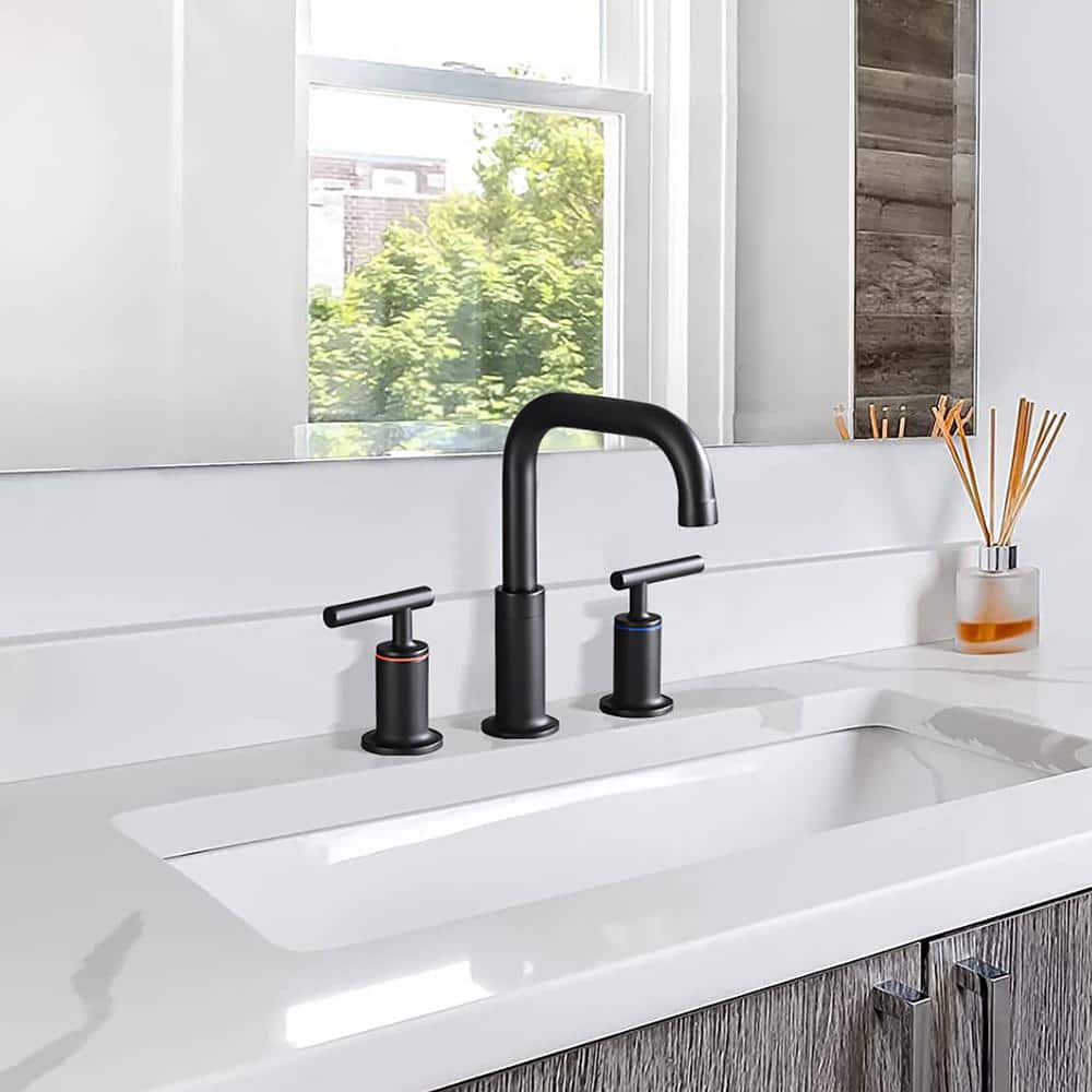 Matte Black 8 in. Widespread Double Handle Mid Arc Bathroom Faucet
