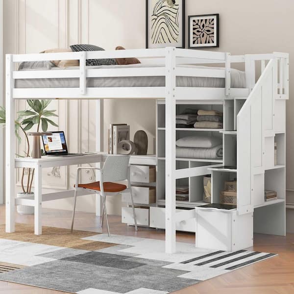 White Full Size Wood Loft Bed with L-Shaped Desk and Drawers, Cabinet and Storage Staircase