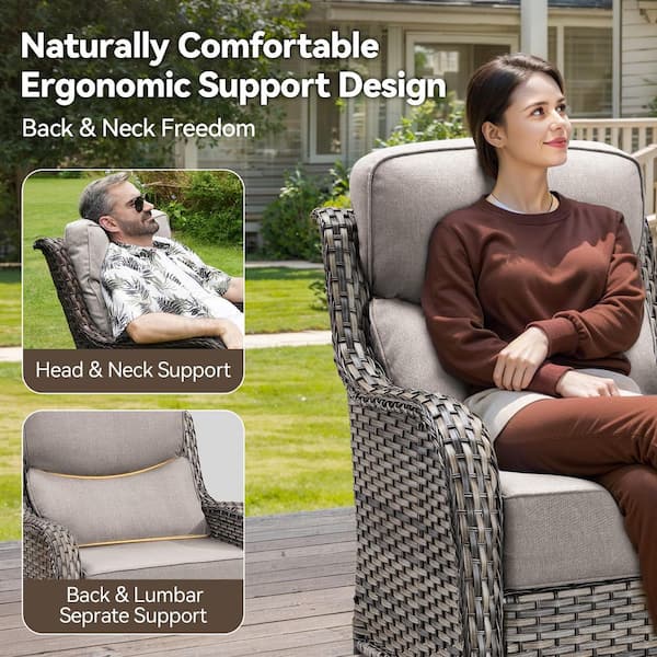 MoonLuxe Gray Wicker Fire Pit Conversation Set with Beige Olefin 6 in. Thick Cushions Patio Swivel Chairs (5-Piece)