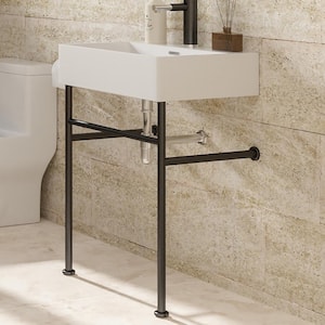 5.7 in. Ceramic Console Sink Basin in White and Black Legs Combo with Overflow