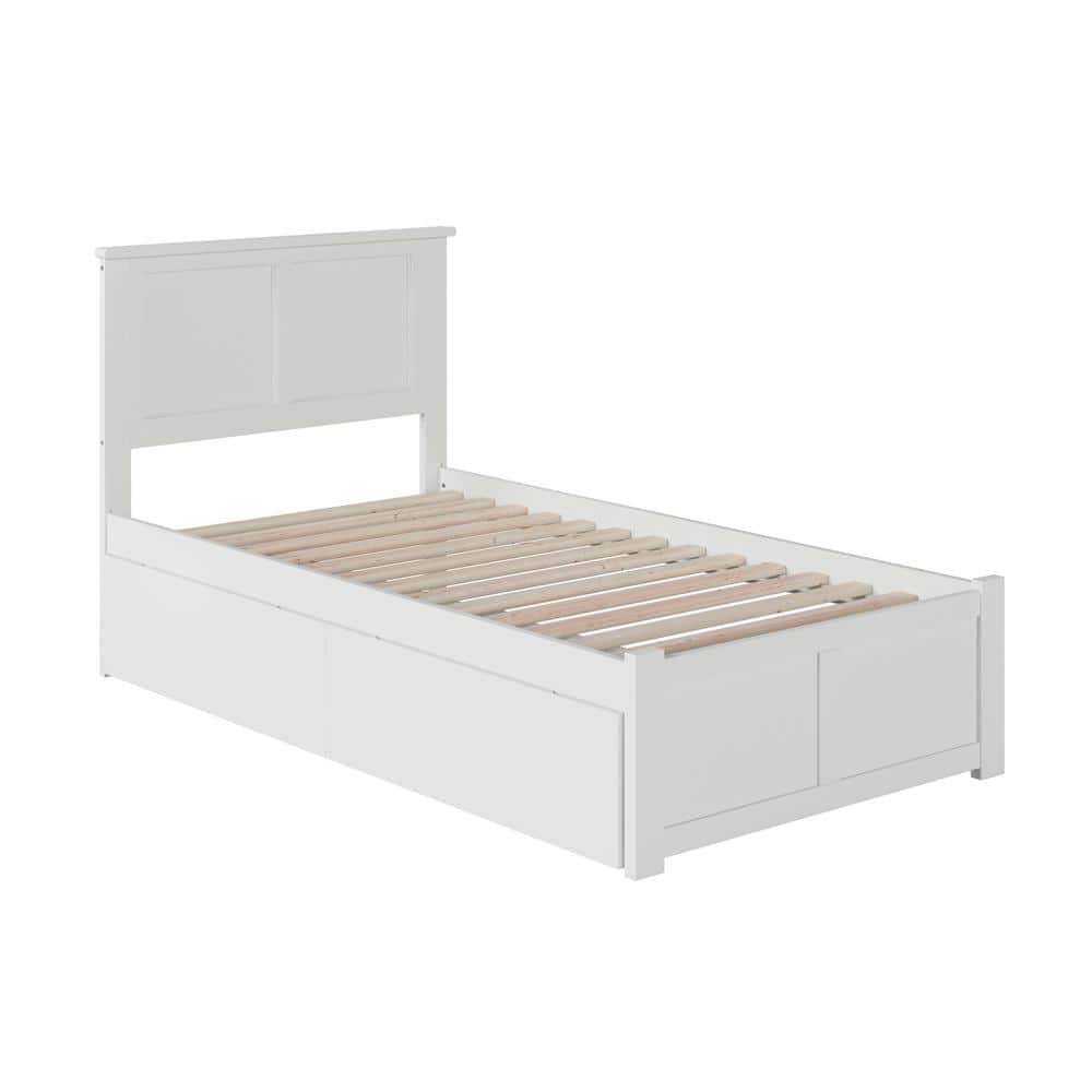 White Twin Wood Platform Bed with Storage Drawers