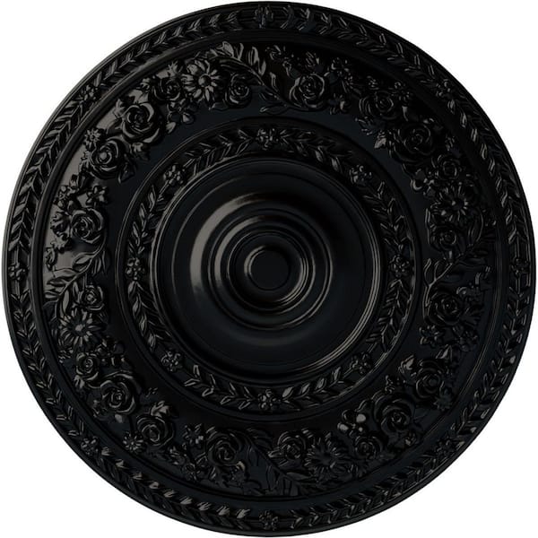 Ekena Millwork 33-7/8" x 2-3/8" Rose Urethane Ceiling Medallion (Fits Canopies up to 13-1/2"), Hand-Painted Jet Black
