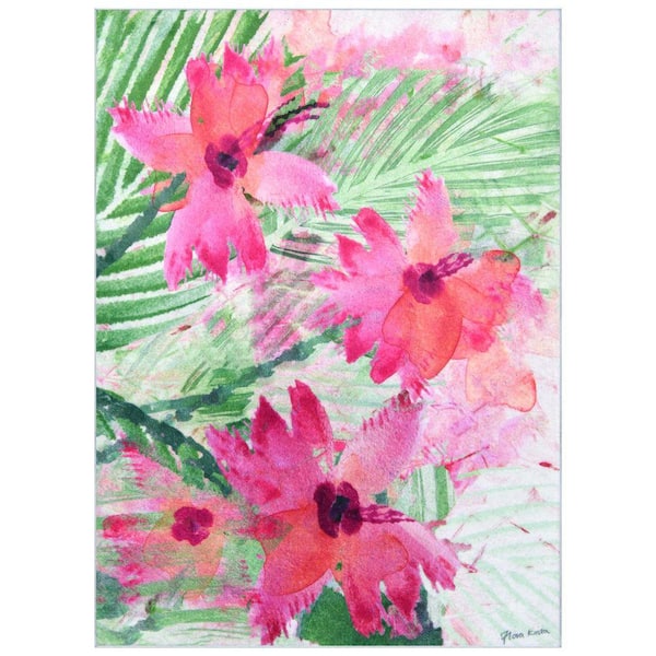 Pink Green Floral I, 8'x10' Hand Washable Flowers Art Area Rug, power-loomed, 100% polyester, non-slipping back.