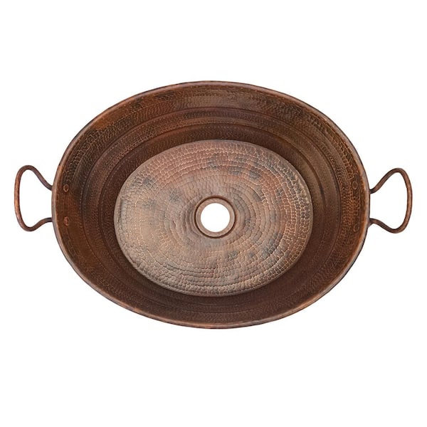Premier Copper Products Oval Bucket Hammered Copper Vessel Sink with Handles in Oil Rubbed Bronze