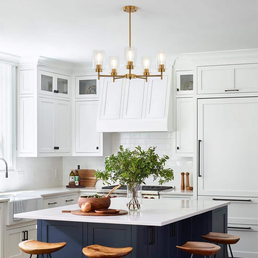 Gold and Clear Glass 5-Light Kitchen Island Chandelier