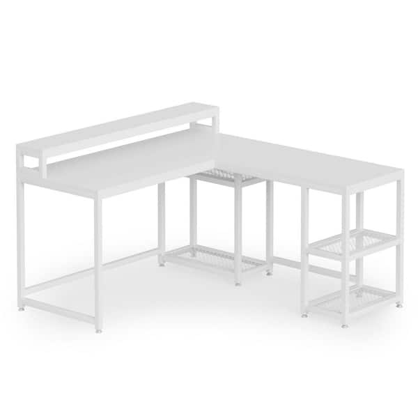 TRIBESIGNS WAY TO ORIGIN Malone 59 in. L-Shape White Metal White Particle Board Wood Top Computer Desk with Monitor Stand and Reversible Shelves