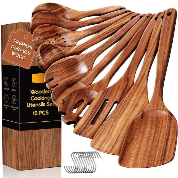Teak Finish Natural Wood Smooth Nonstick Heat Resistant Cooking Utensil Set with Hooks Kitchen Accessory 10pcs