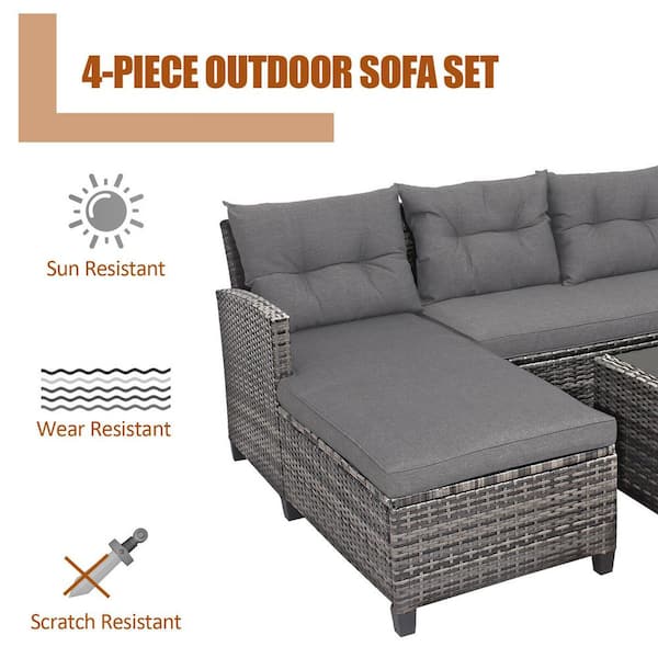 Gymax 4-Piece Wicker Conversation Furniture Set Outdoor Sectional Sofa Set with Gray Cushion GYM08267 - The Home Depot