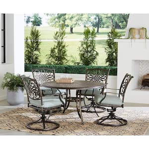 Renditions 5-Piece Aluminum Outdoor Dining Set with Sunbrella Mist Blue Cushions 4 Swivel Rockers and 48 in. Table