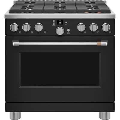 36 in. 6.2 cu. ft. Smart Gas Range with Steam Cleaning Convection Oven in Matte Black