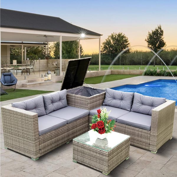 Unbranded 4-Piece Wicker Outdoor Furniture Sofa Set, Patio Sectional Sofa Set with Storage Box Coffee Table and Gray Cushions