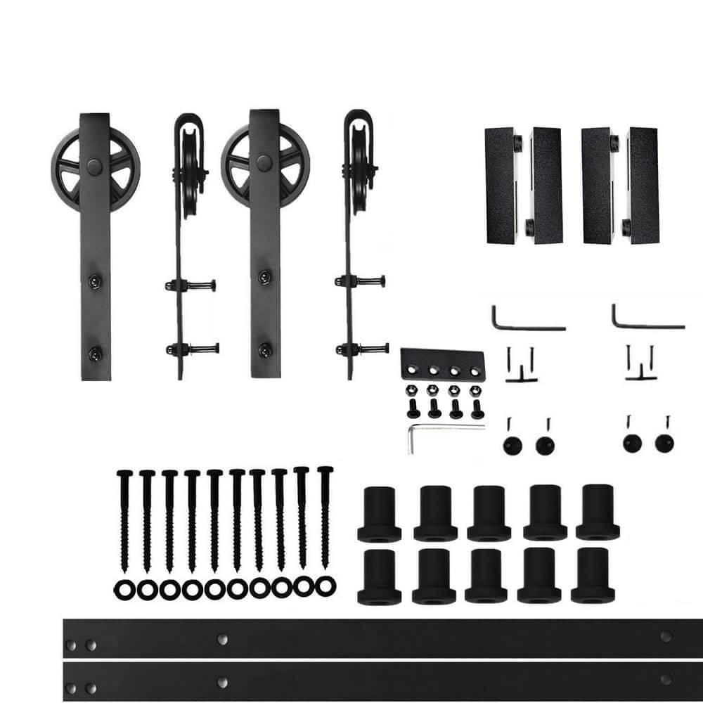 12 ft./144 in. Black Rustic Non-Bypass Sliding Barn Door Hardware Kit Spoke Wheel Design Roller for Double Doors price history on PriceWatchPro