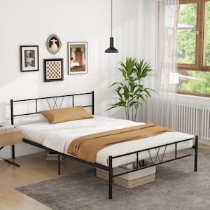 54 in. W Full Size Black Metal Frame 14 in. High Platform Bed with Storage and Headboard