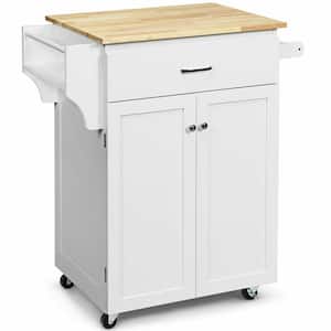 32 in. W White Rolling Kitchen Cart Island with Wood Countertop, Kitchen Cart Trolley on Wheels