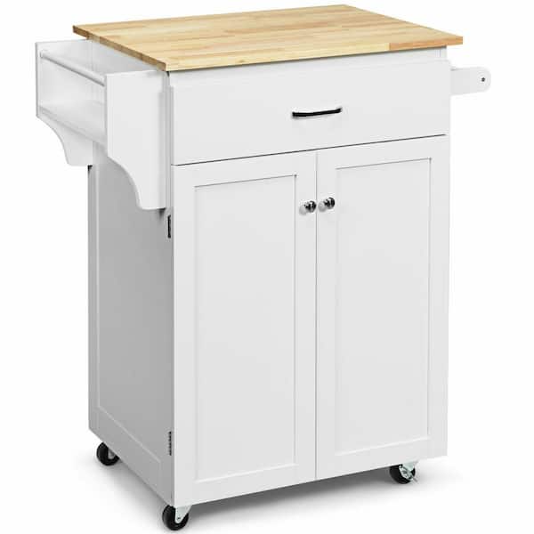 ANGELES HOME 32 in. W White Rolling Kitchen Cart Island with Wood Countertop, Kitchen Cart Trolley on Wheels