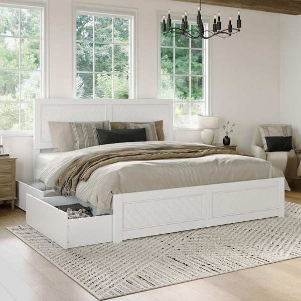 Canyon White Solid Wood King Platform Bed with Matching Footboard and Storage Drawers