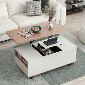47.2 in. Walnut and White Rectangle MDF Lift Top Versatile Coffee Table with 3 Drawers and Lockable Universal Wheels