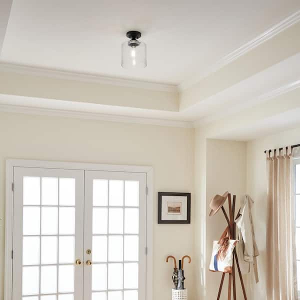KICHLER Winslow 8.5 in. 1-Light Black Hallway Contemporary Semi-Flush Mount Ceiling Light with Clear Seeded Glass