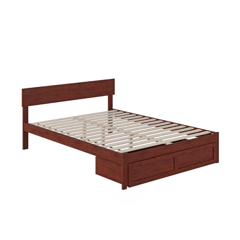 Walnut Queen Bed with Upholstered Headboard and Storage Drawer