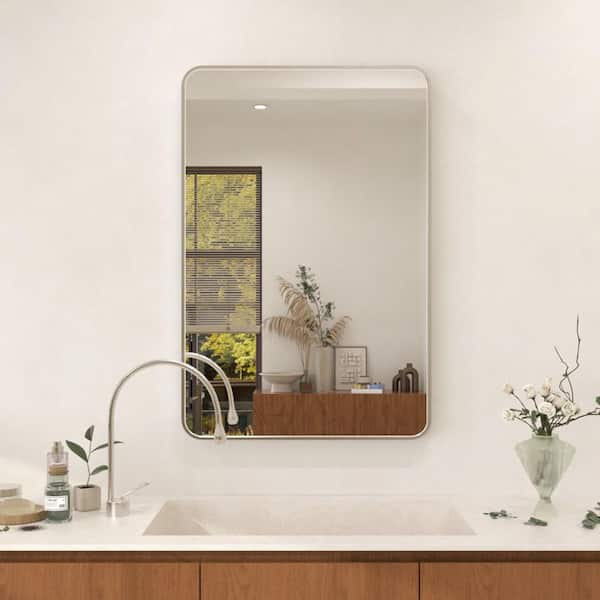 Dew 24 in. W x 36 in. H Rectangular Framed Wall Bathroom Vanity Mirror in Brushed Nickel