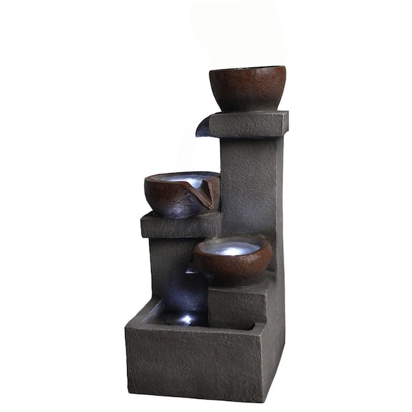 23.6 in. Resin Outdoor Tiered Water Fountain with LED Lights, Cascading Jar Waterfall Fountain for Garden, Patio
