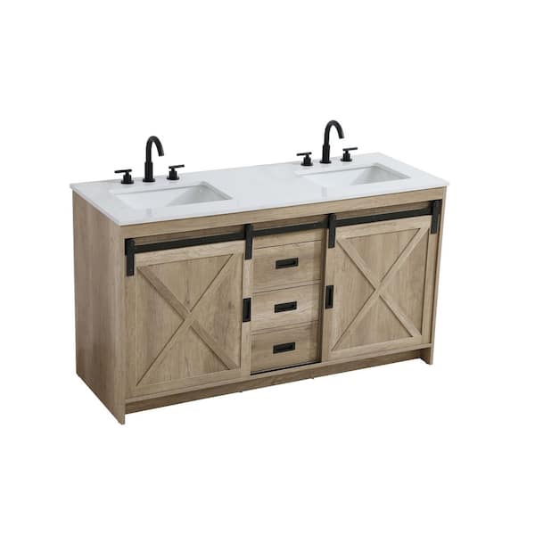 60 in. Double Sink Natural Oak Bath Vanity with White Engineered Marble Top