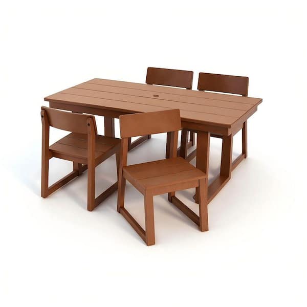 5-Piece HDPE Outdoor Dining Conversation Sectional Sofa Set, 69 in. L Rectangular Table with Umbrella Hole, Brown