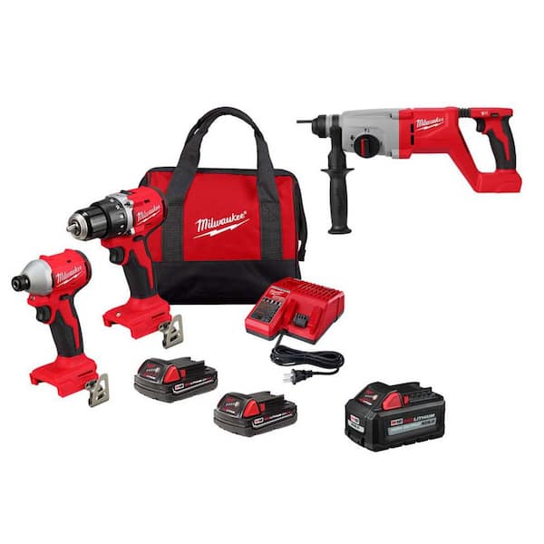 M18 FUEL 18V Lith-Ion Cordless Hammer Drill & Impact Driver Combo Kit (3-Tool) w/ 3 Batteries & M18 Rotary Hammer