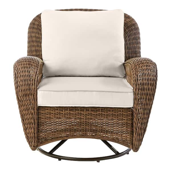 Hampton Bay Beacon Park Brown Wicker Outdoor Patio Swivel Lounge Chair with CushionGuard Almond Tan Cushions