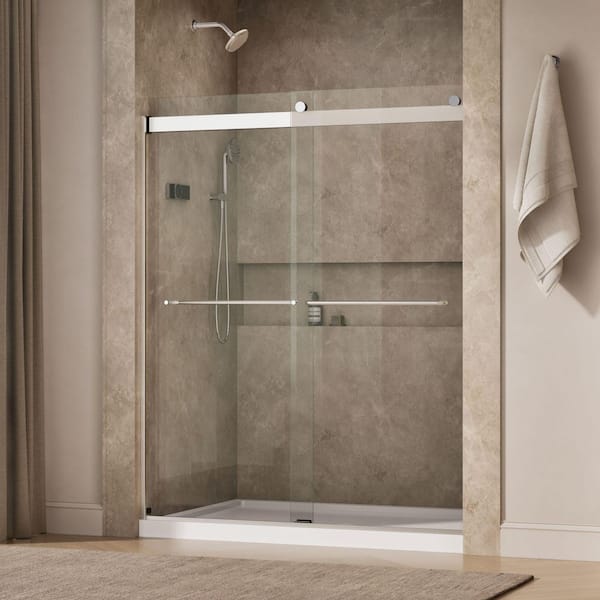 Levity 56-60 in. W x 74 in. H Frameless Sliding Shower Door in Silver with 1/4 in. Thick Clear Tempered Glass
