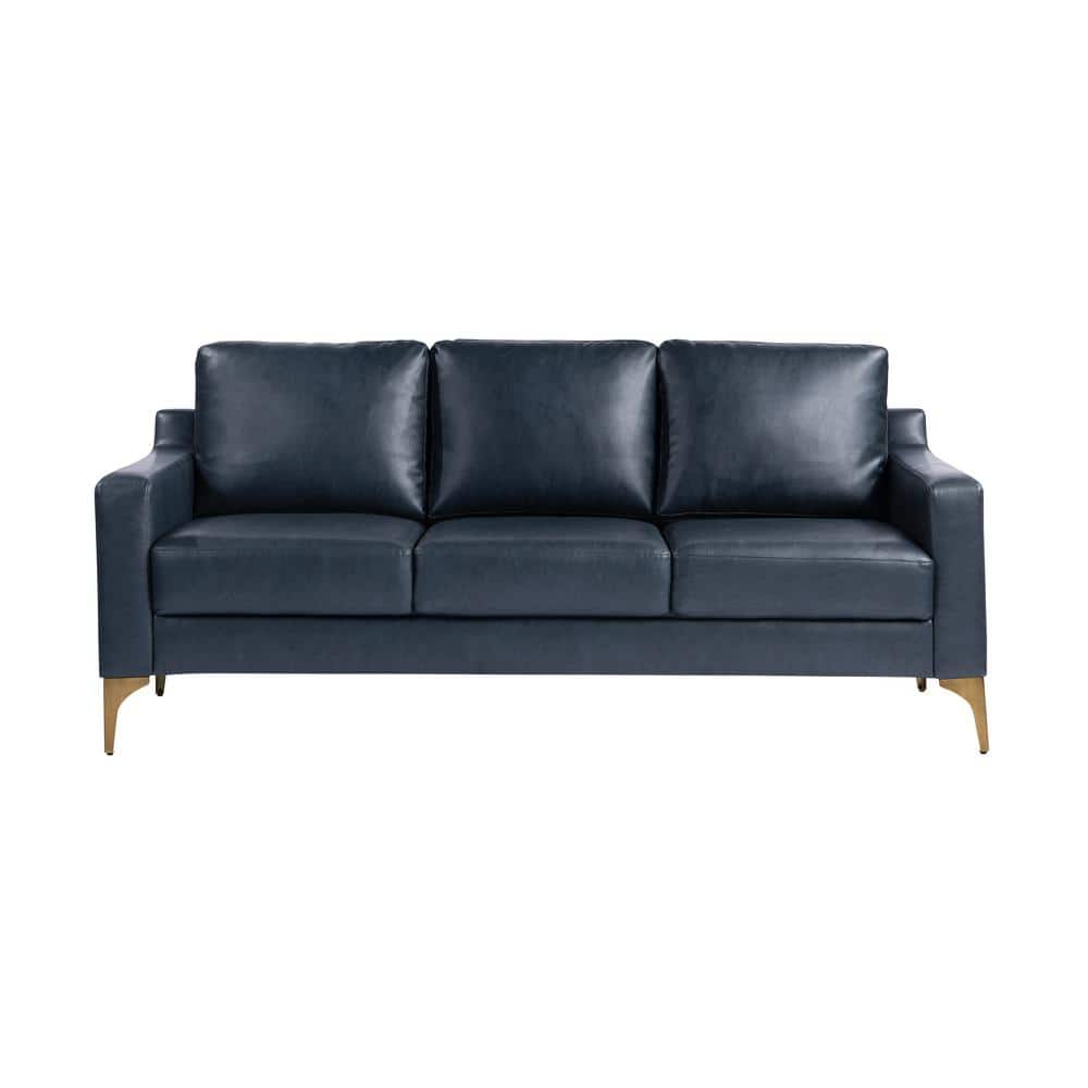 Navy Faux Leather Sofa with Removable Cushions and Wood Legs