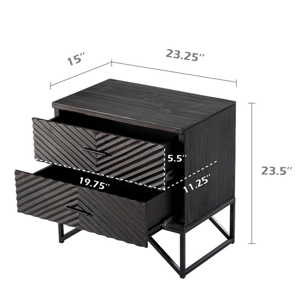 Distressed Black 2-Drawer Nightstand with Geometric Pattern and Metal Base